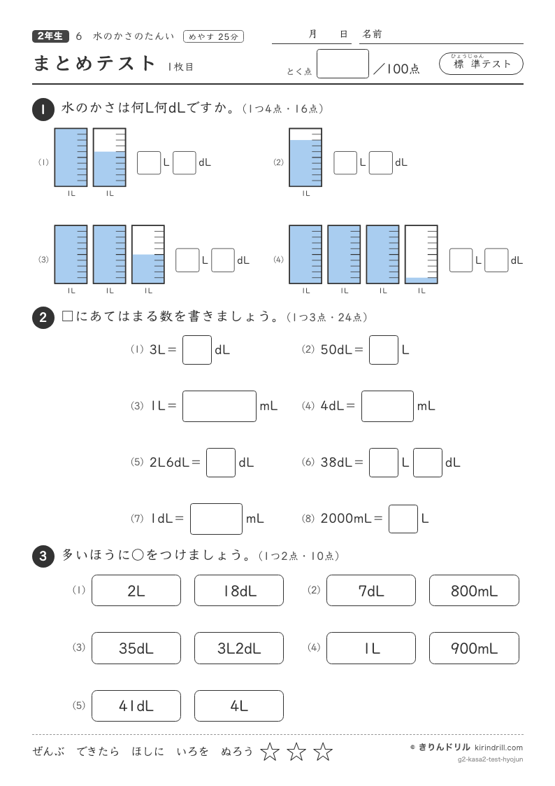 水のかさのたんい まとめテスト（標準）のプレビュー