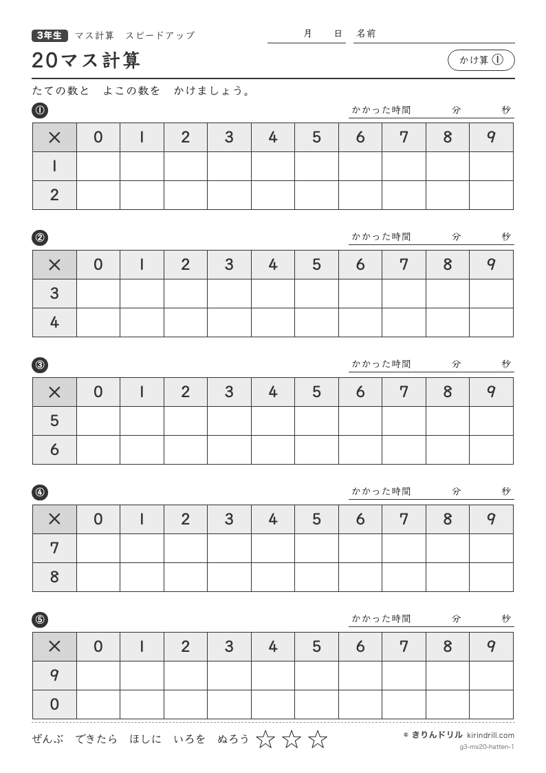 20マス計算 かけ算①のプレビュー