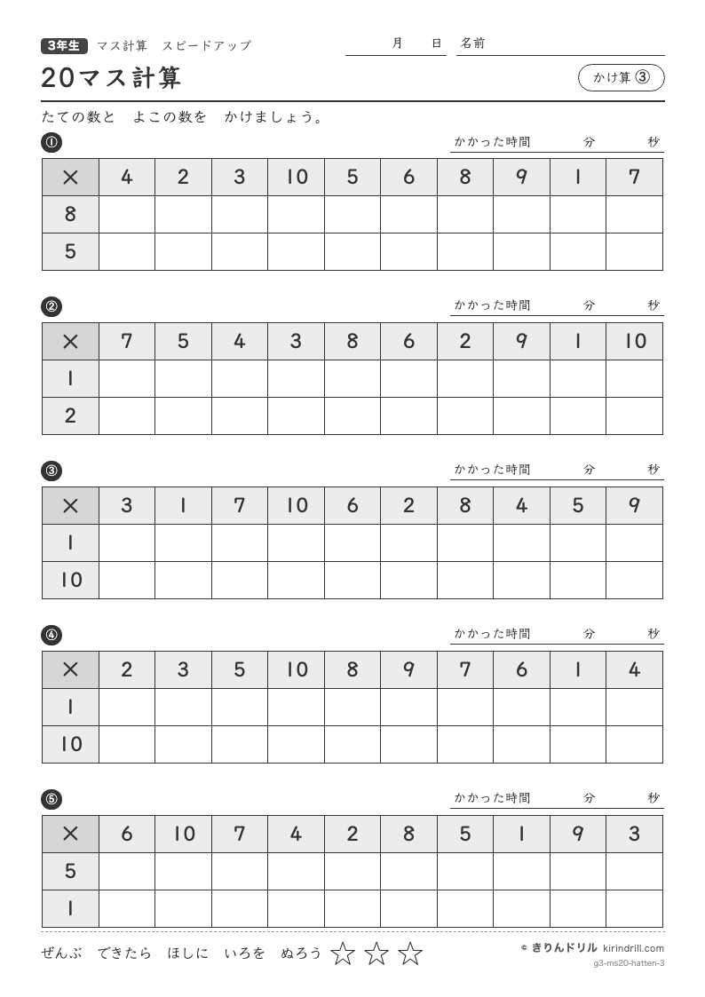 20マス計算 かけ算③のプレビュー