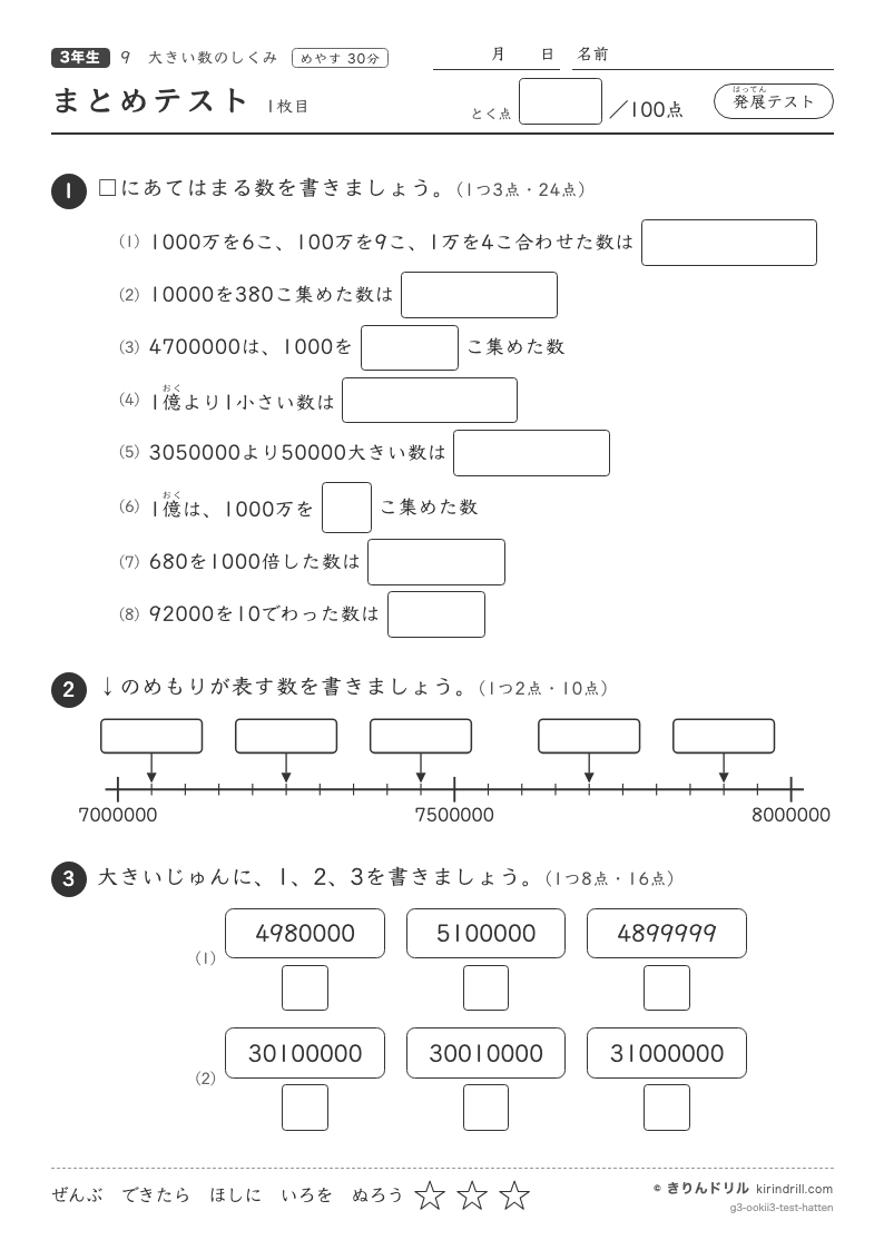 大きい数のしくみ まとめテスト（発展）のプレビュー