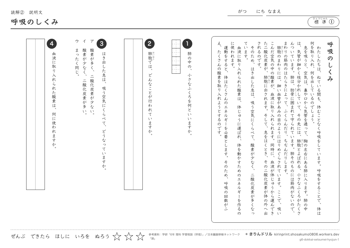読解 説明文 標準① 呼吸のしくみのプレビュー