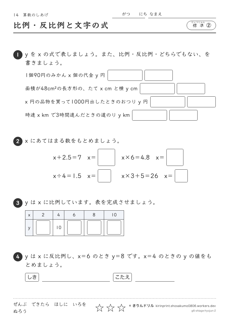算数のしあげ 標準② 比例・反比例と文字の式のプレビュー