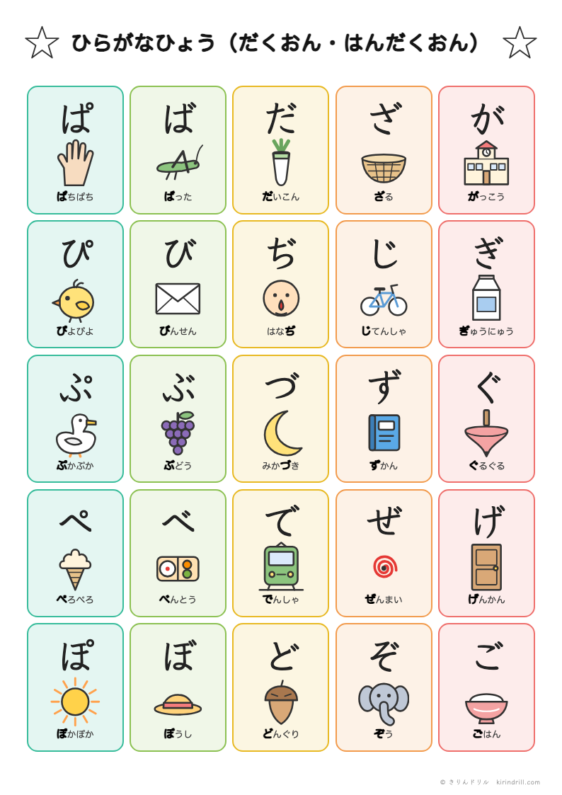 ひらがな表 だくおん・はんだくおん(絵つき・幼児むけ)